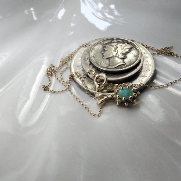 Solid 14kt Gold & Opal w/Diamond Necklace - Picture 2 of 5